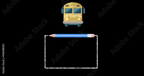 Animation of school bus and pencil drawing line photo