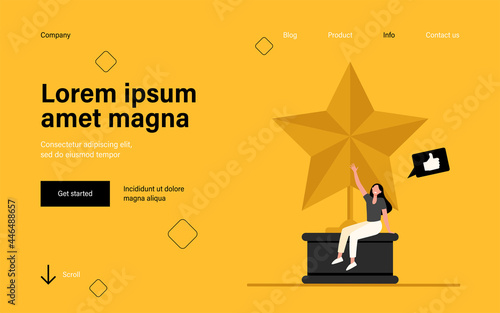 Tiny woman sitting on large golden star. Like, prize, blogger flat vector illustration. Achievement and social media concept for banner, website design or landing web page