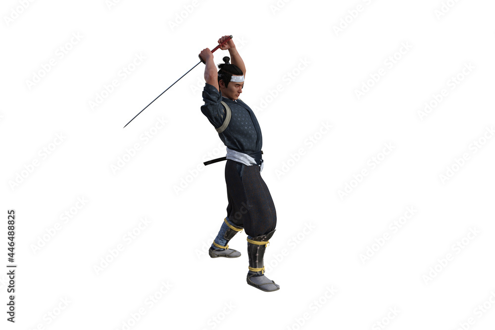 Chinese fighter poses with sword for your scenes specially for collage, isolated on white background. 3D illustration. 3D rendering. Chinese fighter poses with sword for your scenes specially for collage, isolated on white background. 3D illustration. 3D rendering.