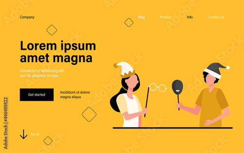 Happy people in masquerade costumes with masks. Festival, event, fun flat vector illustration. Celebration and holiday concept for banner, website design or landing web page