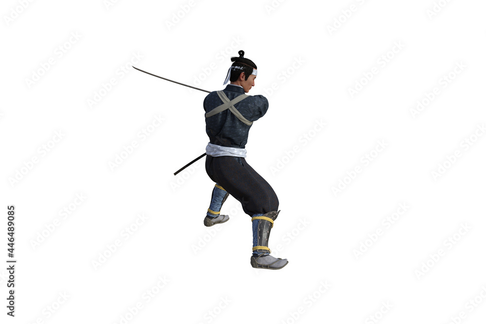 Chinese fighter poses with sword for your scenes specially for collage, isolated on white background. 3D illustration. 3D rendering.