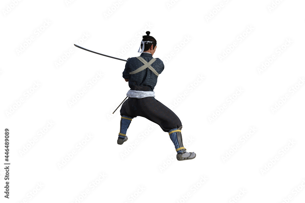Chinese fighter poses with sword for your scenes specially for collage, isolated on white background. 3D illustration. 3D rendering. Chinese fighter poses with sword for your scenes specially for collage, isolated on white background. 3D illustration. 3D rendering.