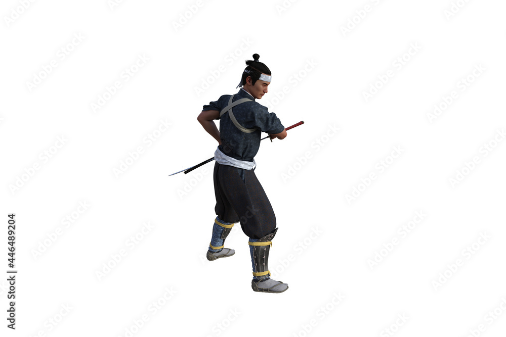 Chinese fighter poses with sword for your scenes specially for collage, isolated on white background. 3D illustration. 3D rendering. Chinese fighter poses with sword for your scenes specially for collage, isolated on white background. 3D illustration. 3D rendering.