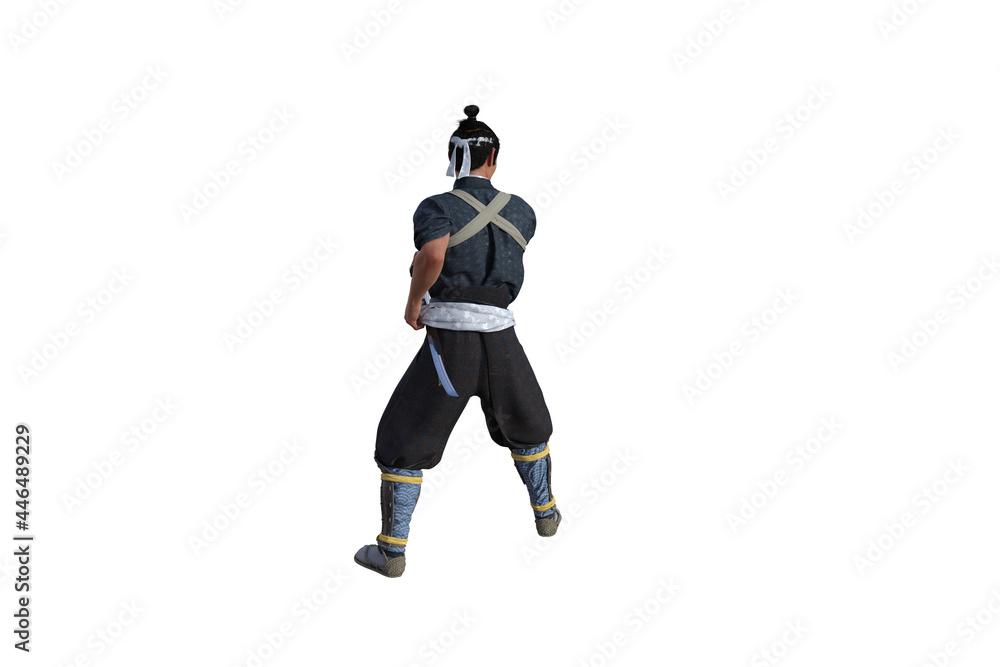 Chinese fighter poses with sword for your scenes specially for collage, isolated on white background. 3D illustration. 3D rendering. Chinese fighter poses with sword for your scenes specially for collage, isolated on white background. 3D illustration. 3D rendering.
