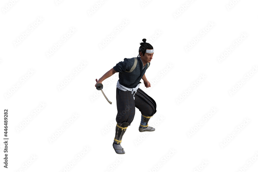 Chinese fighter poses with sword for your scenes specially for collage, isolated on white background. 3D illustration. 3D rendering. Chinese fighter poses with sword for your scenes specially for collage, isolated on white background. 3D illustration. 3D rendering.
