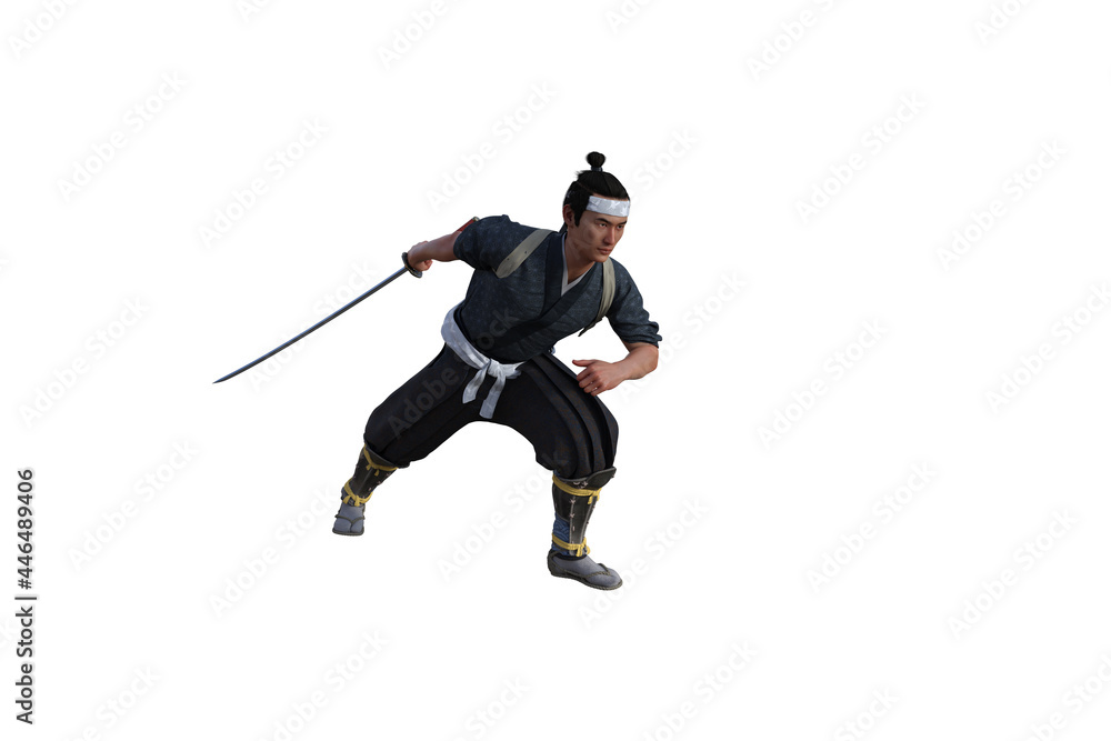 Chinese fighter poses with sword for your scenes specially for collage, isolated on white background. 3D illustration. 3D rendering. Chinese fighter poses with sword for your scenes specially for collage, isolated on white background. 3D illustration. 3D rendering.