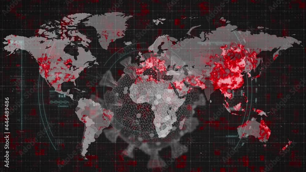 Animation of covid 19 cell over world map, scope scanning and data processing Animation of covid 19 cell over world map, scope scanning and data processing