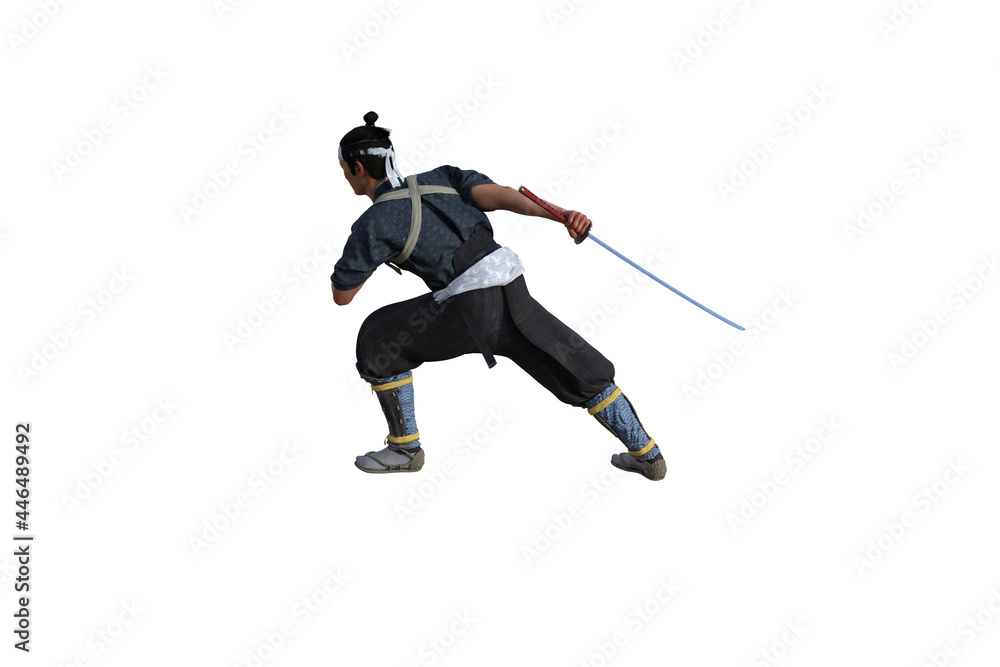 Chinese fighter poses with sword for your scenes specially for collage, isolated on white background. 3D illustration. 3D rendering.