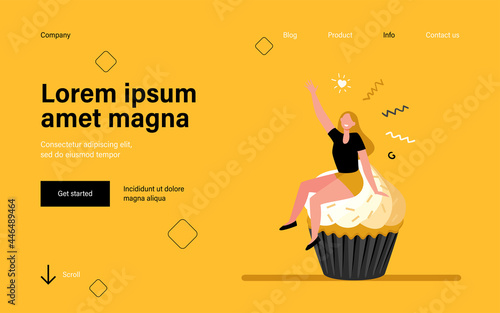 Happy woman enjoying dessert. Cheerful girl sitting on cupcake flat vector illustration. Bakery, pastry, food concept for banner, website design or landing web page