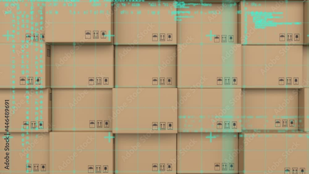 Data processing over grid network against stack of boxes in background Data processing over grid network against stack of boxes in background
