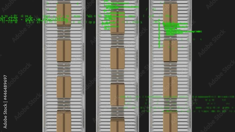 Data processing against overhead view of multiple delivery boxes on conveyor belt Data processing against overhead view of multiple delivery boxes on conveyor belt