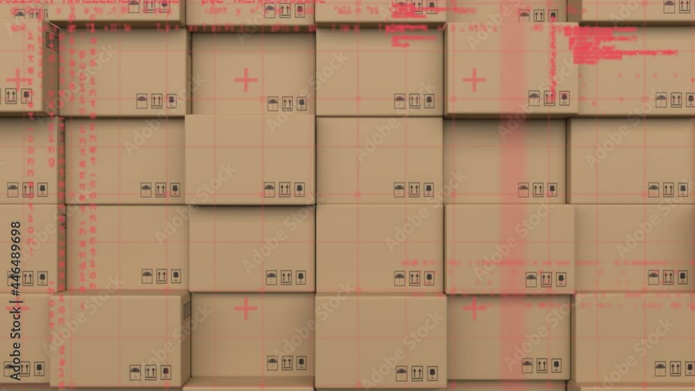 Data processing over grid network against stack of boxes in background Data processing over grid network against stack of boxes in background