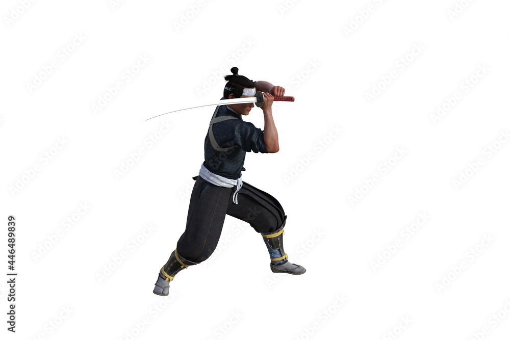 Chinese fighter poses with sword for your scenes specially for collage, isolated on white background. 3D illustration. 3D rendering.