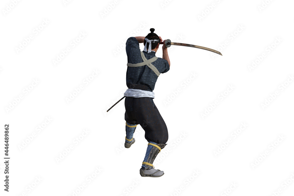 Chinese fighter poses with sword for your scenes specially for collage, isolated on white background. 3D illustration. 3D rendering. Chinese fighter poses with sword for your scenes specially for collage, isolated on white background. 3D illustration. 3D rendering.