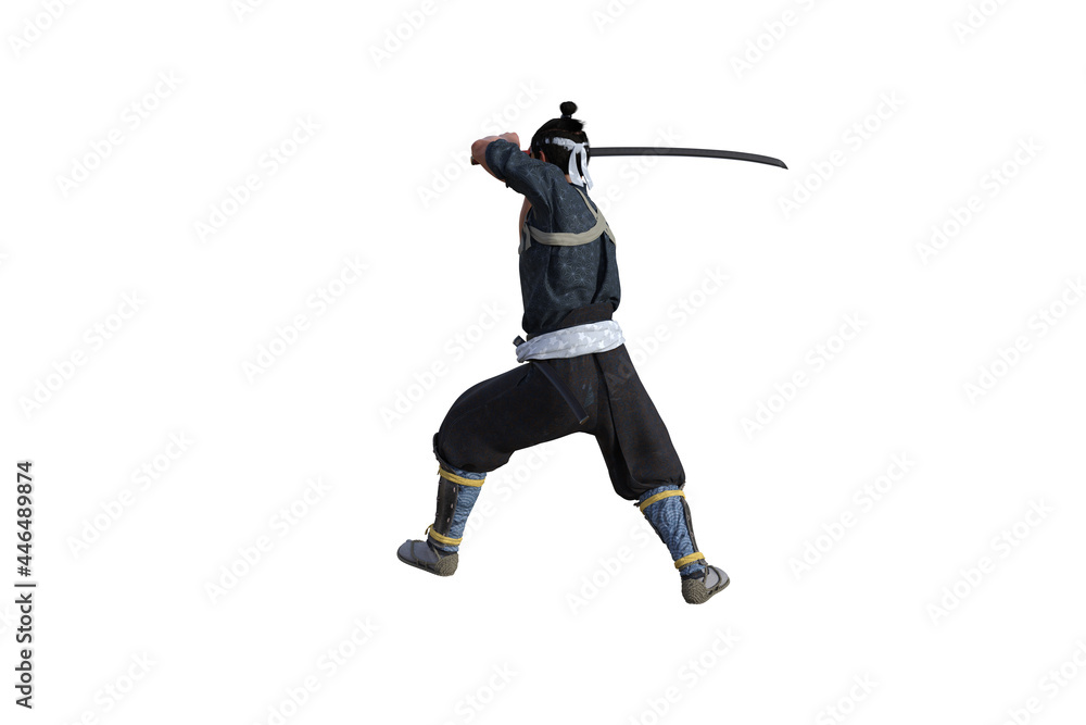 Chinese fighter poses with sword for your scenes specially for collage, isolated on white background. 3D illustration. 3D rendering. Chinese fighter poses with sword for your scenes specially for collage, isolated on white background. 3D illustration. 3D rendering.