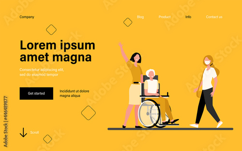 Nurse with handicapped man greeting woman. Wheelchair, age, mask flat vector illustration. Medical assistance and retirement concept for banner, website design or landing web page