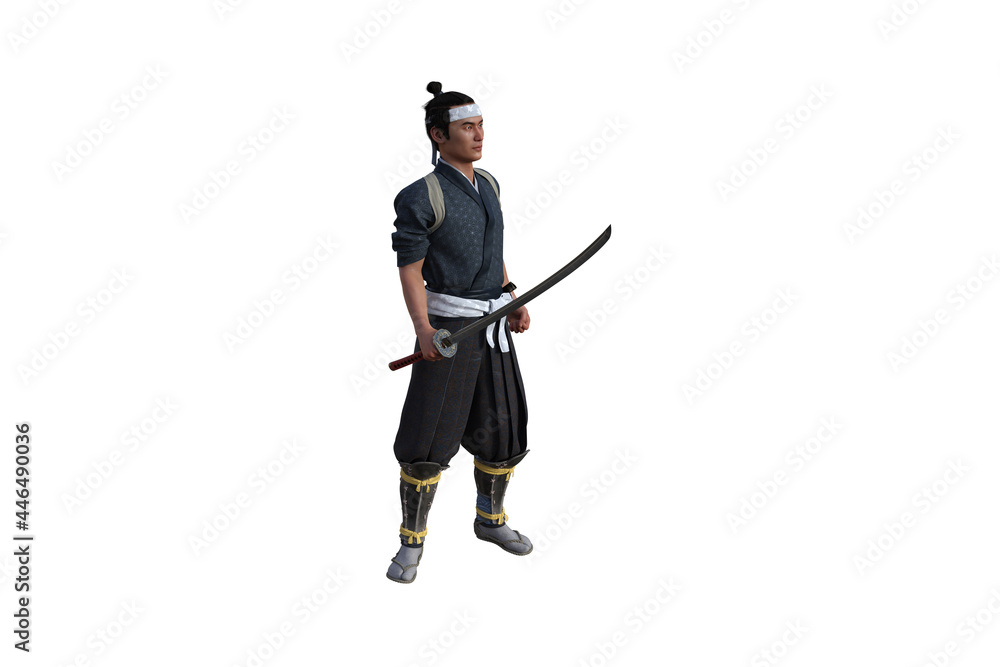 Chinese fighter poses with sword for your scenes specially for collage, isolated on white background. 3D illustration. 3D rendering. Chinese fighter poses with sword for your scenes specially for collage, isolated on white background. 3D illustration. 3D rendering.