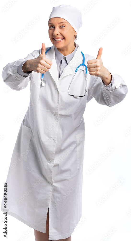 female doctor in a white coat and hat. the doctor is happy, shows the class with both hands. cheerful doctor. isolated, white background