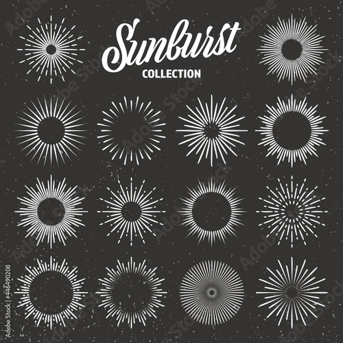 Vintage grunge sunburst collection. Bursting sun rays. Fireworks. Logotype or lettering design element. Radial sunset beams. Vector illustration.