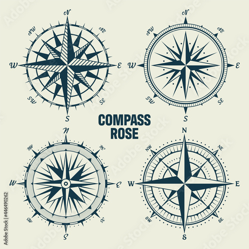 Vintage marine wind rose, nautical chart. Monochrome navigational compass with cardinal directions of North, East, South, West. Geographical position, cartography and navigation. Vector illustration.