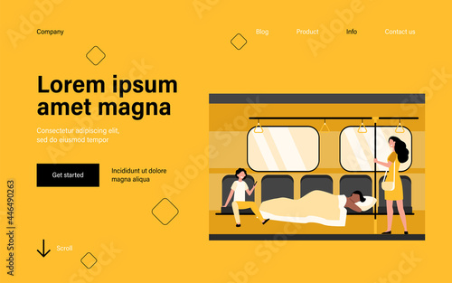 Man sleeping under blanket in subway train. Sleepwalker, homeless, laughing passengers flat vector illustration. Sleep disorder, public transport concept for banner, website design or landing web page
