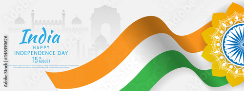 15 th August Indian Independence Day banner template design with Indian flag and silhouette of Indian monument.