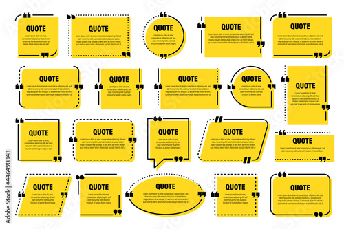 Set of yellow isolated quote frames. Speech bubbles with quotation marks. Blank text box and quotes. Blog post template. Vector illustration.