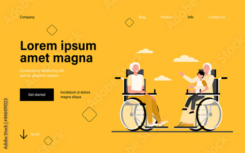 Old people in wheelchair holding kid and talking. Retirement, child, grandparent flat vector illustration. Generation and communication concept for banner, website design or landing web page