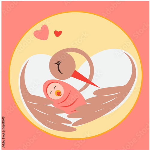 Vector illustration of a stork with a baby. Birth of a child. With the birth of a girl. Stork and baby. Pink greeting card with a baby on the wings of a stork. With the birth of a girl. Baby.