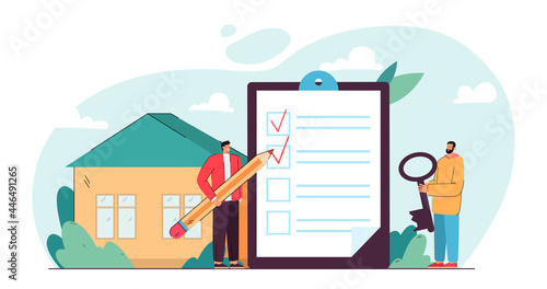 Two tiny men preparing for move. Flat vector illustration. Two people filling out giant list with checkmarks, holding key in background of house. Moving, housing, planning, renting, ownership concept