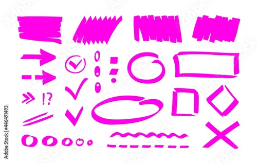Pink marker highlighter shapes, marks, strokes, pointers, lines. Simple hand drawn editable design elements for notes, bullet journal, memo, planner, school