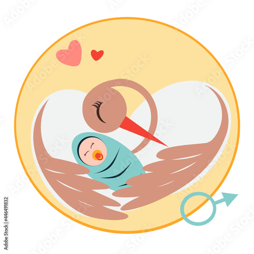 Vector illustration of a stork with a baby. Birth of a child. With the birth of a boy. Stork and baby. Icon with a baby on the wings of a stork. The gender of the child. With the birth of a boy. Baby