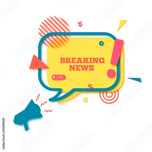 Breaking news speech bubble and megaphone with abstract geometric shapes in paper cut style. Yellow sticker and exclamation point on yellow background with loudspeaker. Vector card illustration.
