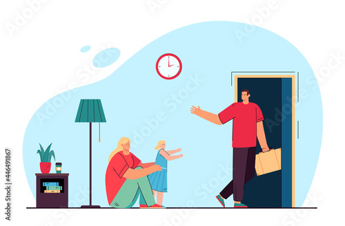 Mom and daughter saying goodbye to husband and father. Flat vector illustration. Woman and little girl sad because of man leaving house with suitcase. Divorce, work, love, family, separation concept