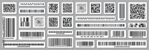 Set of product barcodes and QR codes. Identification tracking code. Serial number, product ID with digital information. Store or supermarket scan labels, price tag. Vector illustration.