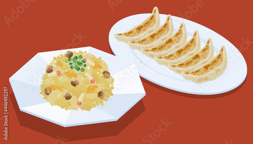 半チャーハンと餃子のベクターイラスト素材