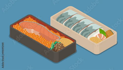 鮭といくらのお弁当と押し寿司お弁当のベクターイラスト素材