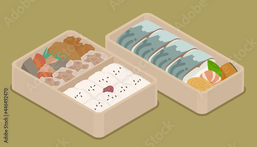 しゅうまい弁当と鯖寿司のお弁当のベクターイラスト素材