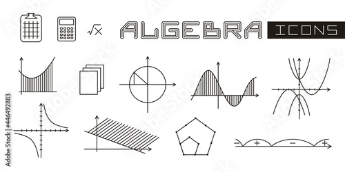 A set of linear isolated elements for algebra. Algebraic graphs of mathematical functions. Vector illustration for school textbooks, educational projects, maths banners and posters.