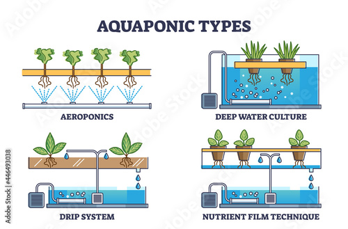 Aquaponic watering and irrigation model types for plants outline collection. Aeroponics, deep water culture, drip nutrient system technique as ecological gardening water supply vector illustration.