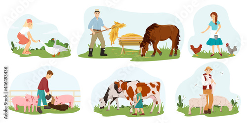 A set of farmers  people who take care of pets. Vector flat illustration. Collection of characters  girls  guys  children  working in the countryside. Rural lifestyle concept.