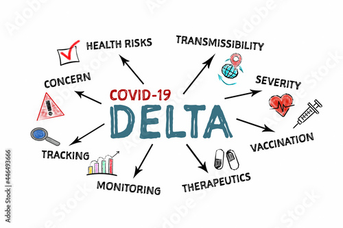 Covid-19 Delta. Risks, Prevalence and Security concept. Information on a white background photo