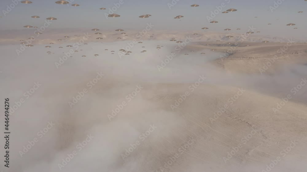 Alien desert world with ufo's Fleet and mist clouds, aerial view
Desert view with mist clouds and ufo armada, Live footage with visual effect elements,4K
