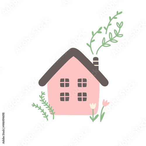 Cozy house with flowers, leaves and branches. Vector print illustration isolated on white background.