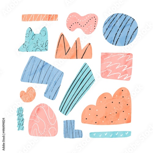 Collection of various colorful abstract torn paper shapes with crumpled texture. Trendy hand drawn design elements isolated on white background.