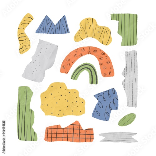 Set of different abstract torn paper shapes with crumpled texture in natural bright colors. Trendy hand drawn design elements isolated on white background.