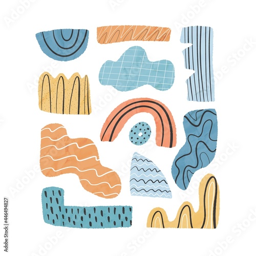 Abstract torn paper shapes with crumpled texture in natural colors. Trendy hand drawn design elements isolated on white background.