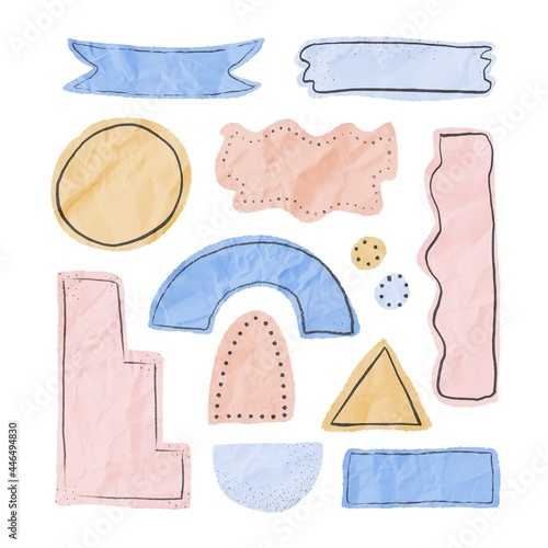 Collection of various torn paper shapes with crumpled texture in soft pastel colors. Design elements, banners, backdrops with empty space for text isolated on white background.