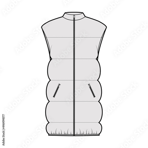 Down vest puffer waistcoat technical fashion illustration with sleeveless, stand collar, pockets, hip length, wide quilting. Flat template front, grey color style. Women, men, unisex top CAD mockup