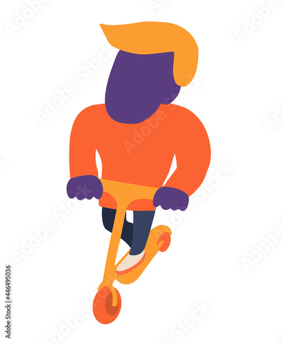 Man riding kick scooter. Accent on perspective. Flat vector illustration in simple abstract style for poster, flyer or sticker